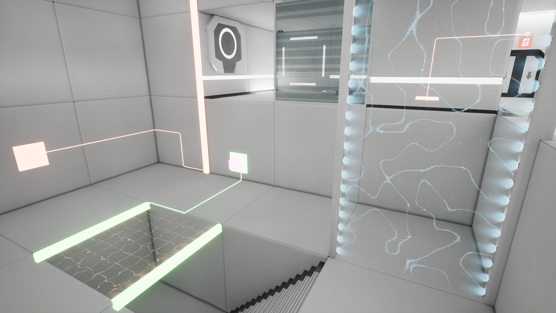 A view of a puzzle room with the AR overlay activated, showing device connections
