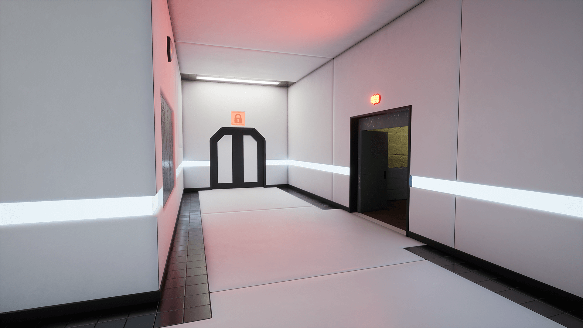 A view of a connector room between two puzzle rooms with the emergency door open