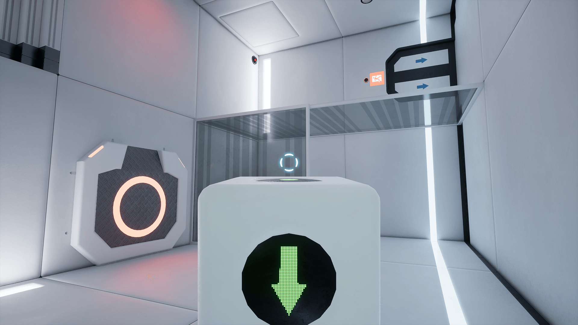 A view of one of the earlier puzzle rooms while shifted onto the wall and holding a gravity box